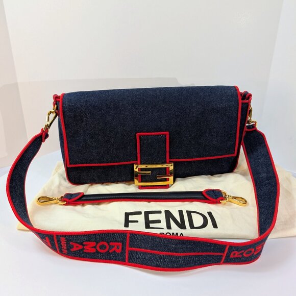 Fendi Blue Denim and Red Trim Baguette Bag with Two Straps - Picture 1 of 16